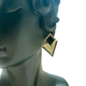 New! Black& gold triangle drop earrings Rhinestone Decor Geometric Drop Earrings